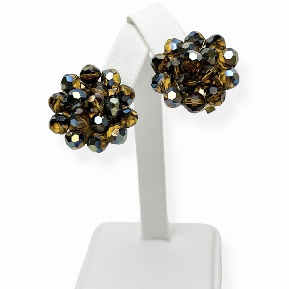 Vintage Brooch And Cluster Clip Earrings Brown AB Rhinestones Beads Gold Tone - Picture 9 of 13